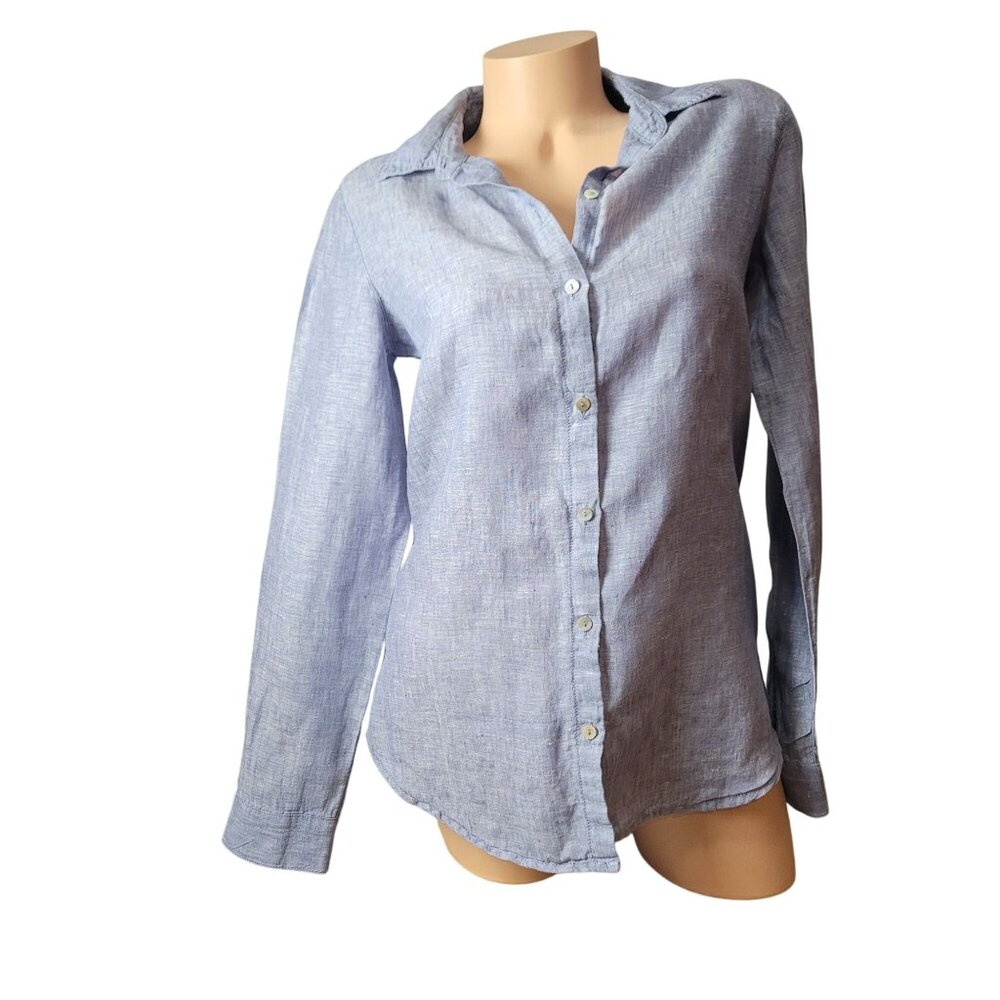 Sigrid Olsen 100% Linen Blue Long Sleeve Button-Up Shirt w/Button freature
